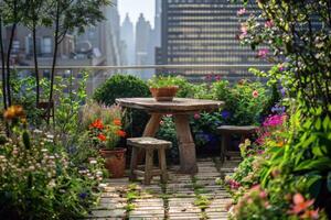 techo jardín oasis en el corazón de el ciudad, floreciente con vibrante flores y verde follaje foto