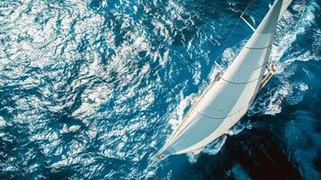 Sailboat gliding across sparkling blue waters, propelled by gentle summer breeze photo