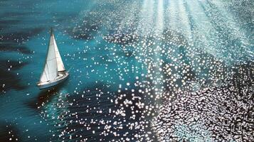 Sailboat gliding across sparkling blue waters, propelled by gentle summer breeze photo