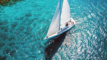 Sailboat gliding across sparkling blue waters, propelled by gentle summer breeze photo