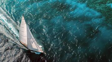 Sailboat gliding across sparkling blue waters, propelled by gentle summer breeze photo