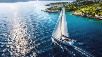 Sailboat gliding across sparkling blue waters, propelled by gentle summer breeze photo