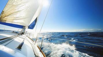 Sailboat gliding across sparkling blue waters, propelled by gentle summer breeze photo