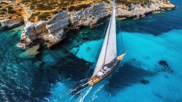 Sailboat gliding across sparkling blue waters, propelled by gentle summer breeze photo