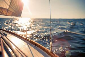 Sailboat gliding across sparkling blue waters, propelled by gentle summer breeze photo