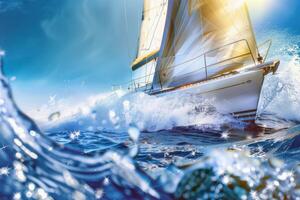 Sailboat gliding across sparkling blue waters, propelled by gentle summer breeze photo