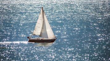 Sailboat gliding across sparkling blue waters, propelled by gentle summer breeze photo