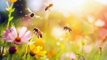 soleado prado viva con el zumbido de abejas y el piar de grillos, sinfonía de verano sonidos foto