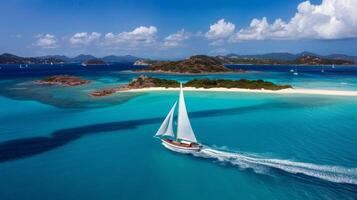 Sailboat gliding across sparkling blue waters, propelled by gentle summer breeze photo