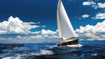 Sailboat gliding across sparkling blue waters, propelled by gentle summer breeze photo