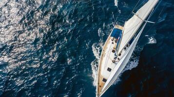 Sailboat gliding across sparkling blue waters, propelled by gentle summer breeze photo