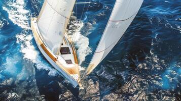 Sailboat gliding across sparkling blue waters, propelled by gentle summer breeze photo