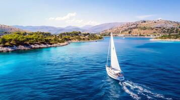 Sailboat gliding across sparkling blue waters, propelled by gentle summer breeze photo