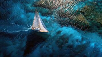 Sailboat gliding across sparkling blue waters, propelled by gentle summer breeze photo