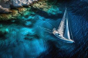 Sailboat gliding across sparkling blue waters, propelled by gentle summer breeze photo