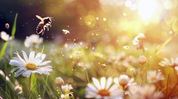soleado prado viva con el zumbido de abejas y el piar de grillos, sinfonía de verano sonidos foto
