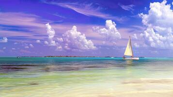 Sailboat gliding across sparkling blue waters, propelled by gentle summer breeze photo