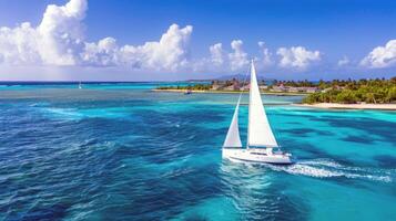 Sailboat gliding across sparkling blue waters, propelled by gentle summer breeze photo