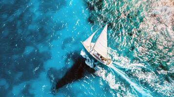 Sailboat gliding across sparkling blue waters, propelled by gentle summer breeze photo