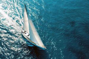 Sailboat gliding across sparkling blue waters, propelled by gentle summer breeze photo