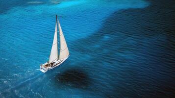 Sailboat gliding across sparkling blue waters, propelled by gentle summer breeze photo