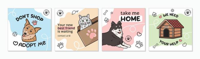 A set of cute templates for a social media post on the topic of dogs and cats adoption. Adopt me banner , a cat in a box, a request for help. Pleasant bright colors, pet elements. vector