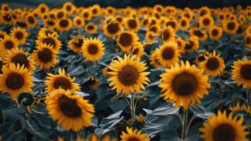 girasol campo extensión como lejos como el ojo cver, dorado seof pétalos balanceo en el verano brisa foto