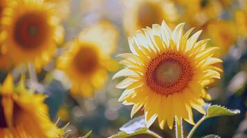 girasol campo extensión como lejos como el ojo cver, dorado seof pétalos balanceo en el verano brisa foto