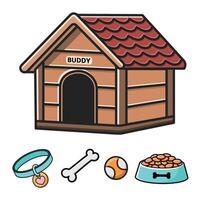 A set of dog equipment, isolated drawings on a white background. A doghouse, a collar, a bone, a game ball, a bowl of food. Suitable for pet stores, stickers, ad, prints, cards, posters vector