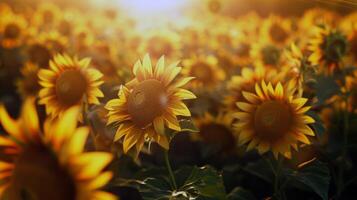 girasol campo extensión como lejos como el ojo cver, dorado seof pétalos balanceo en el verano brisa foto