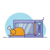 A cartoonish drawing of a microwave with a piece of chicken on top of it vector