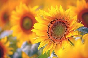 Sunflower field stretching as far as the eye csee, golden seof petals swaying in the summer breeze photo