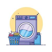 A blue and white washing machine with a basket of clothes vector