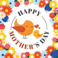 Happy Mother's Day greeting card. A cute image of a mother bird and her chick, framed with flowers. For cards, stickers, banners, textiles, and social media posts. Hand-drawn vector