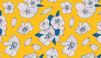 Seamless vintage-style pattern with blooming almond. illustration featuring vibrant trendy colors in a botanical style. Suitable for textiles, backgrounds, prints, wrapping paper, covers. vector
