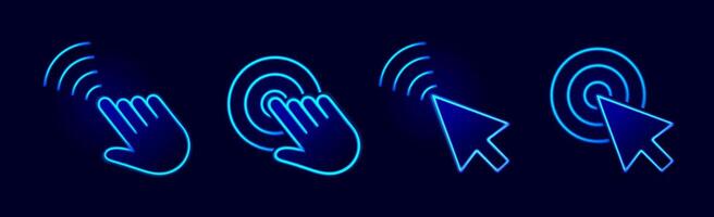 Touch wave. Hand and arrow pointer cursor icons with neon light, movement and display click effect, circle waves. set vector