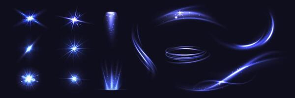 Light effects. Glowing stars and blur light wave trail, wavy glittering lines and spiral, sparkle lens flare ignition effect. Sunlight abstract isolated set vector