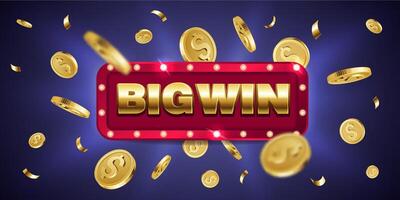 Big Win. Retro big win congratulation poster with explosion of golden confetti and coins. Poker jackpot, roulette or lottery winner gambling banner vector