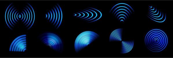 Wifi wave. 3d wifi blue neon light radial waves effect, abstract internet wireless glowing signal sign. Sound scan radar, mobile hotspot technology set vector