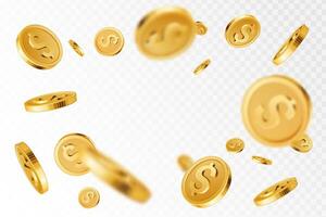 Golden coins explosion. Realistic flying gold coin splash, money rain with blurry motion effect. Treasure and earnings, saving and winning, jackpot casino 3D concept vector