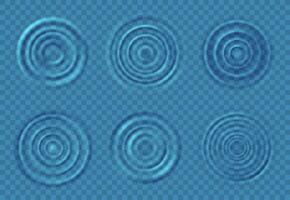 Ripple water waves. Concentric circles on blue water level from falling drops splash. Top view round swirls on liquid surface vector