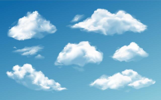 Realistic clouds. White 3d transparent cloud in various shapes. Vapor rainclouds, night mist clouding isolated set