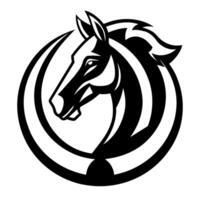 Horse head with horseshoe, black and white illustration vector