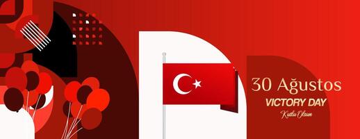 Turkey Victory Day wide banner in modern geometric style with red colors. Turkish National Day greeting card template illustration on August 30. Happy Victory Day Turkey vector