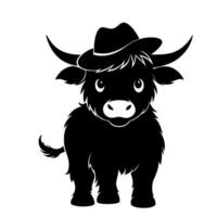 Black and white illustration of a baby buffalo with a cowboy hat. vector