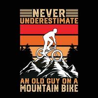 Nunca subestimar un antiguo chico en un montaña bicicleta camiseta diseño vector