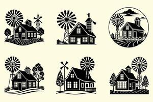 Windmill with Farm House Silhouettes bundle vector