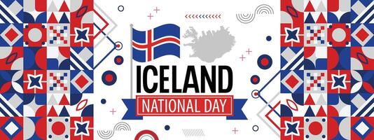Iceland national day banner design. Icelandic flag and map theme graphic art web background. Abstract celebration geometric decoration, red white blue color. vector