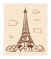 Eiffel Tower in Paris on a postage stamp. Landmark of Paris. Illustration in doodle style vector