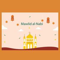 mawlid Alabama nabi Mahoma islámico saludo tarjeta con Arábica caligrafía y línea mezquita linterna vector